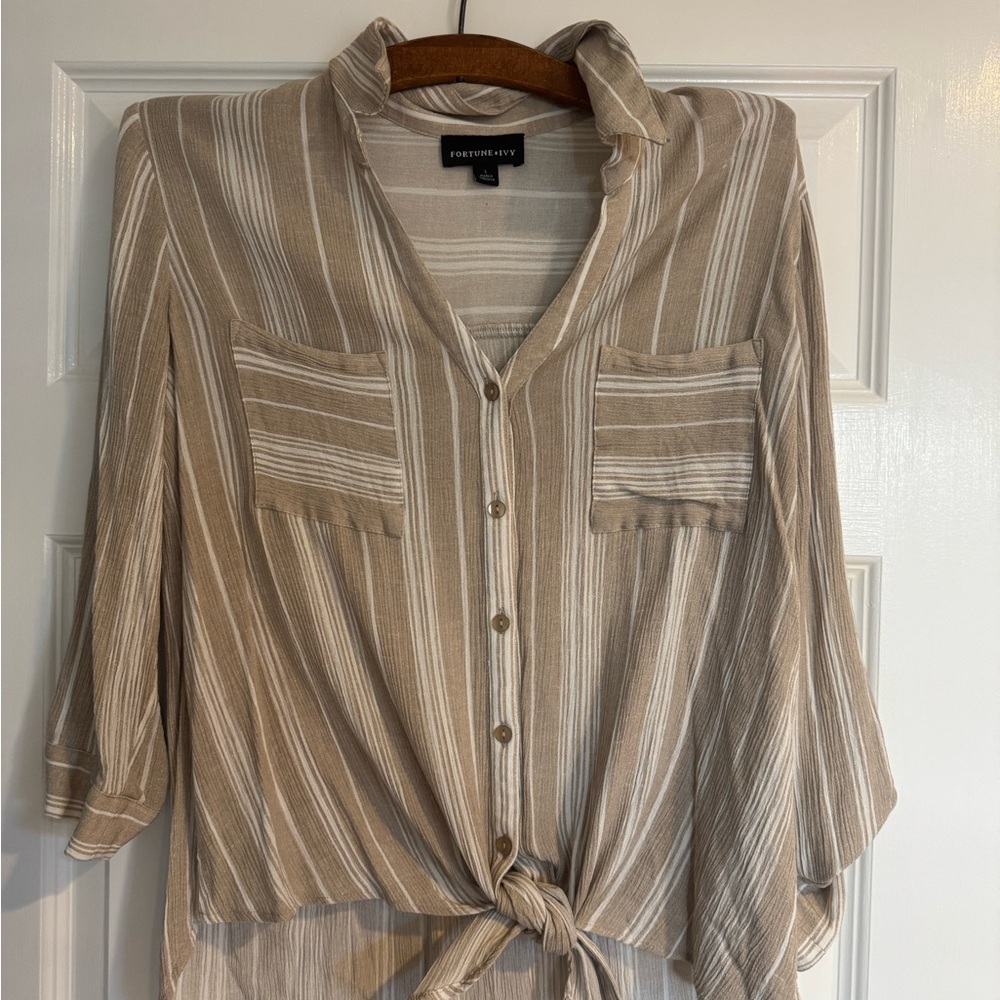 Fortune and ivy Beige Tie Front Blouse